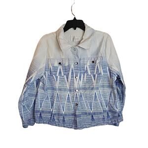 Merlin London Blue Chevron Striped Button Front Long Sleeve Jacket Women's Sz 1X